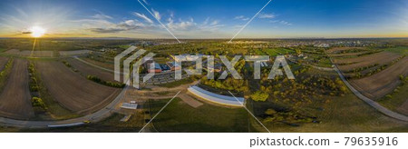 Panoramic drone picture of the city Moerfelden-Walldorf with the skyline of Frankfurt Panoramic drone picture of the city Moerfelden-Walldorf with the skyline of Frankfurt 79635916