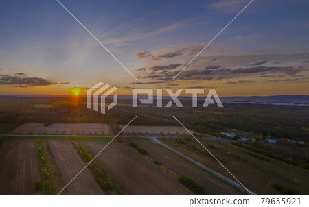 Aerial picture of sunset over Taunus mountains taken near Frankfurt / Main in spring 79635921