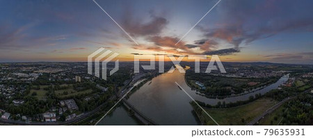 Panoramic aerial picture of Mainspitze area with Main river mouth and city of Mainz during sunset Panoramic aerial picture of Mainspitze area with Main river mouth and city of Mainz during sunset 79635931