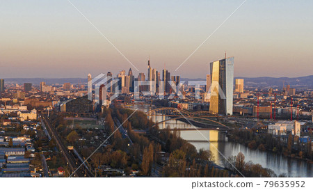 Aerial picture of Frankfurt skyline and European Central Bank building during sunrise 79635952