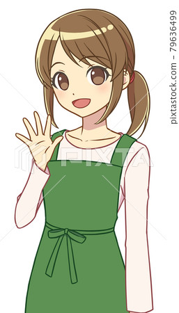 Woman in an apron raising her hand Woman in an apron raising her hand 79636499