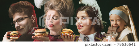Close-up portraits of medieval people as a royalty persons in vintage clothing on dark background. Concept of comparison of eras, modernity and renaissance, baroque style. 79636641