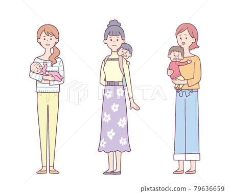 A sad set of women holding and piggybacking babies 79636659