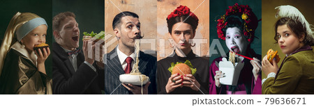 Medieval men and women as a royalty persons in vintage clothing on dark background. Concept of comparison of eras, modernity and renaissance, baroque style. Medieval men and women as a royalty persons in vintage clothing on dark background. Concept of comparison of eras, modernity and renaissance, baroque style. 79636671
