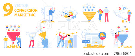 Conversion marketing illustration set. Attracting new customers, client buying products online. Increasing sales 79636804