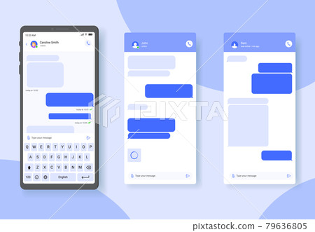 Chat speech bubbles on smartphone screen, dialogue balloons for private message sending blue vector template 79636805