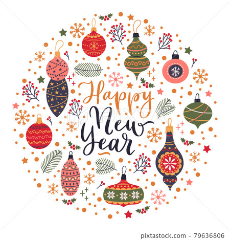 Christmas decoration. Xmas holidays winter decorative round composition, Christmas toys wreath vector illustration. New Year, Christmas design elements 79636806