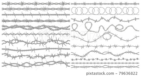 Barbed wire. Razor metallic fencing wire, industrial or prison wire seamless borders vector illustration set. Barb wire protection fencing Barbed wire. Razor metallic fencing wire, industrial or prison wire seamless borders vector illustration set. Barb wire protection fencing 79636822