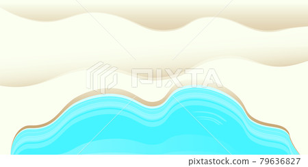 Top view summer beach background with golden sand and turquoise ocean waves. Vector summer beach party flyer or poster design template with tropical coast 79636827