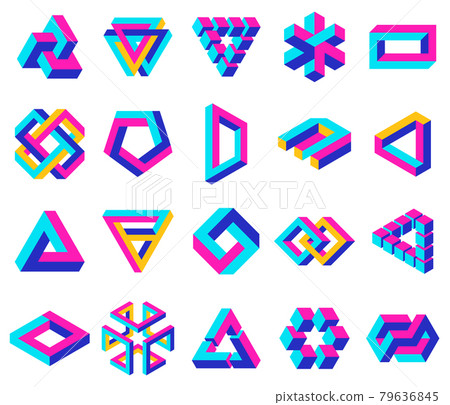 Geometric impossible shapes. Paradox triangle, square and circular figures, optical illusion vector symbols set. Impossible unexpanded shapes 79636845