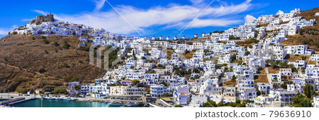 Traditional Greece - beautiful Astypalea island.  View of Chora village with white houses and windmills 79636910
