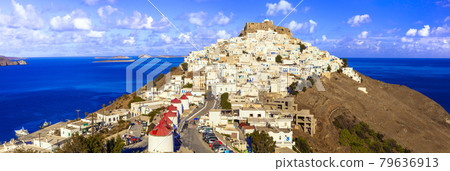 Travel in Greece. beautiful Astypalea island - view of old castle and Chora village with traditional windmills. 79636913