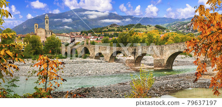 landmarks of Italy . Bobbio - beautiful ancient town with impressive roman bridge, Emilia Romagna 79637197