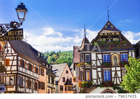Colorful floral decorated houses of Alsace villages in France 79637435