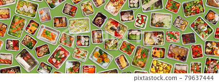 Set Of Aluminium Take Away Containers With Tasty Meals Over Green Background 79637444
