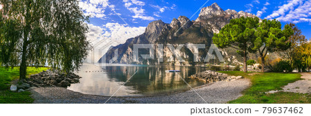 Lake Garda in autumn colors. Italy, Trentino 79637462