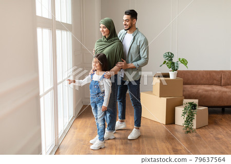 Happy muslim family looking at view from window Happy muslim family looking at view from window 79637564