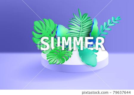 3D Tropical leaves scene podium with text Summer, botanical background. Render vector foliage pedestal, stage illustration template 79637644