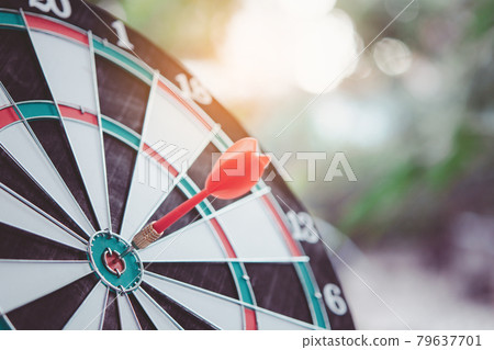 Business marketing success concept. Red dart arrow in center of the target dartboard. Bullseye is a target of business. 79637701