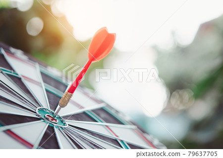 Business marketing success concept. Red dart arrow in center of the target dartboard. Bullseye is a target of business. 79637705