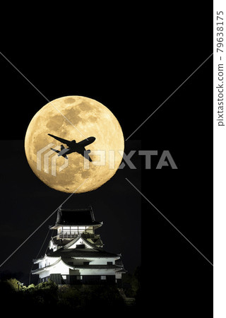 Silhouette of castle, full moon and airplane 79638175