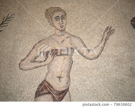 bikini bath girls at Ancient Roman mosaic of Villa del Casale, Sicily 79638602