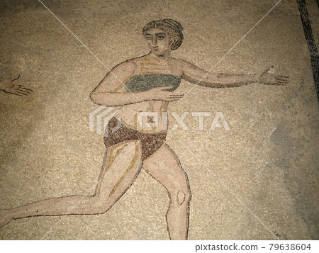 bikini bath girls at Ancient Roman mosaic of Villa del Casale, Sicily 79638604