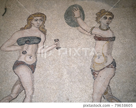 bikini bath girls at Ancient Roman mosaic of Villa del Casale, Sicily 79638605