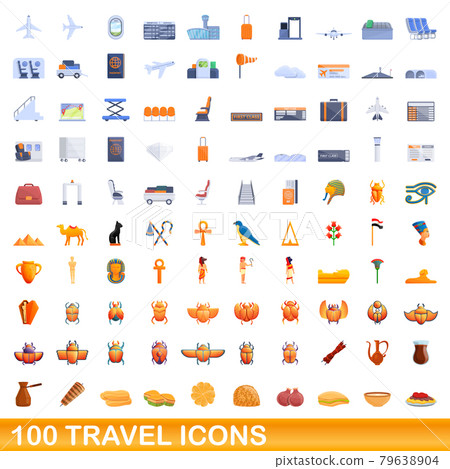 100 travel icons set, cartoon style 79638904