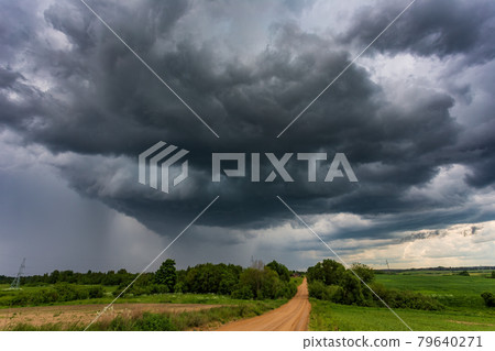 Extreme thunderstorm clouds moving over fields, climate change concept 79640271