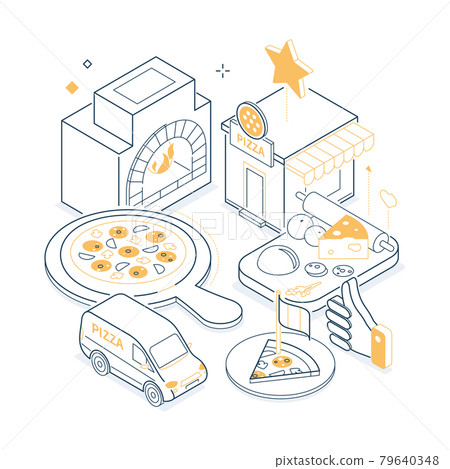 Pizzeria and delivery - isometric yellow and black line illustration Pizzeria and delivery - isometric yellow and black line illustration 79640348