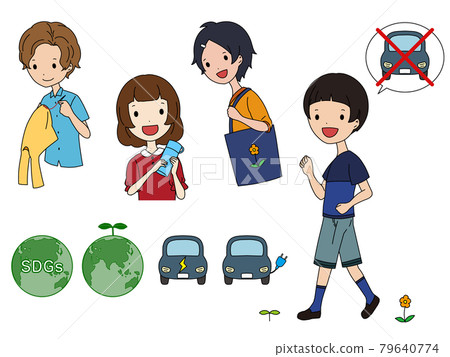 一組執行環保行動的人的插圖集，例如拿著我的瓶子和環保袋的女孩和重新縫製衣服的男孩 79640774