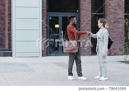 Two intercultural colleagues shaking hands outdoors 79641099