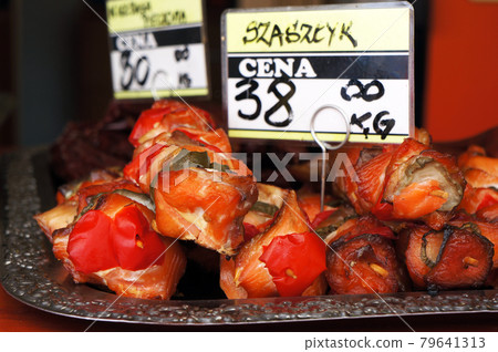 Shashlik of smoked salmon on skewers. Shashlik of smoked salmon on skewers. 79641313