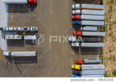 Aerial view of parking lot with trucks on transportation of truck rest area dock Aerial view of parking lot with trucks on transportation of truck rest area dock 79641394