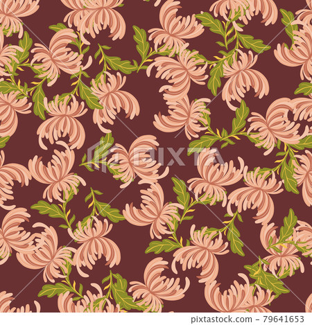Bloom seamless pattern with simple style pink random chrysanthemum shapes. Maroon background. Bloom seamless pattern with simple style pink random chrysanthemum shapes. Maroon background. 79641653