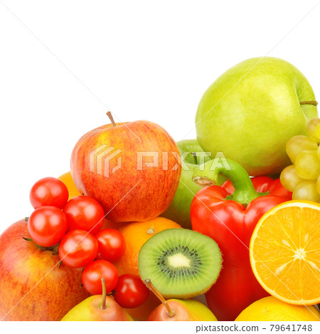 Fruits and vegetables on a platter isolated on a white . There is free space for text. Fruits and vegetables on a platter isolated on a white . There is free space for text. 79641748