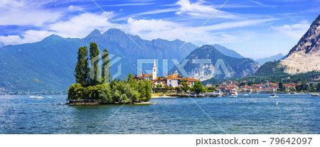 Beautiful romantic lake Lago Maggiore - view of island "Isola dei pescatori",northen  Italy 79642097