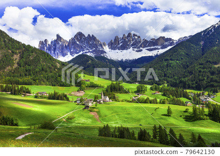 Idylllic nature scenery - impressive Dolomite mountains, Vall di Funes, Maddalena village, Italy Idylllic nature scenery - impressive Dolomite mountains, Vall di Funes, Maddalena village, Italy 79642130