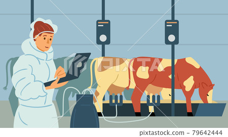 Farmer taking control of farm animals using computer, flat vector illustration. Farmer taking control of farm animals using computer, flat vector illustration. 79642444