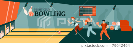 Banner or flyer background with people play bowling, flat vector illustration. 79642464