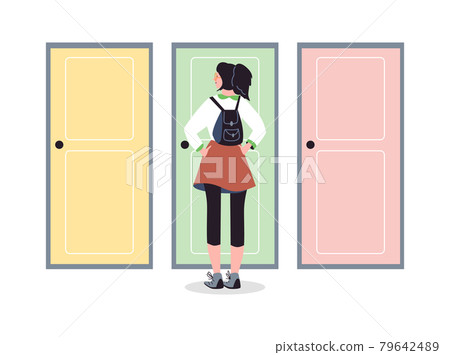 School age girl standing behind closed doors, flat vector illustration isolated. 79642489