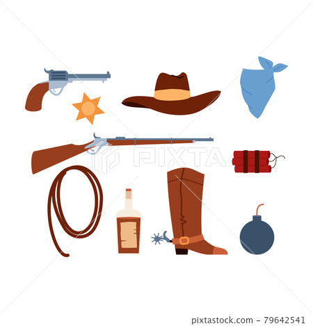 Cowboy outfit details and weapon collection, flat vector illustration isolated. Cowboy outfit details and weapon collection, flat vector illustration isolated. 79642541