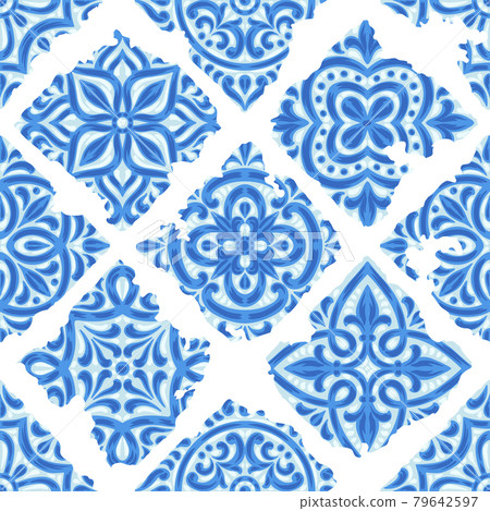 Portuguese azulejo vintage ceramic tile seamless pattern. Old grunge background with chipped enamel tile. Italian pottery or spanish majolica. 79642597