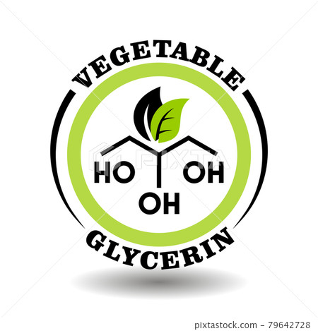 Creative round icon Vegetable Glycerine with chemical formula sign and green leaves symbol for organic food logo, natural cosmetics pictogram, medical products contain E422 glycerol ingredient 79642728