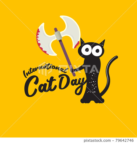 International cat day funky banner with black cat holding bloody knife isolated on orange background. World cat day funky concept illustration International cat day funky banner with black cat holding bloody knife isolated on orange background. World cat day funky concept illustration 79642746