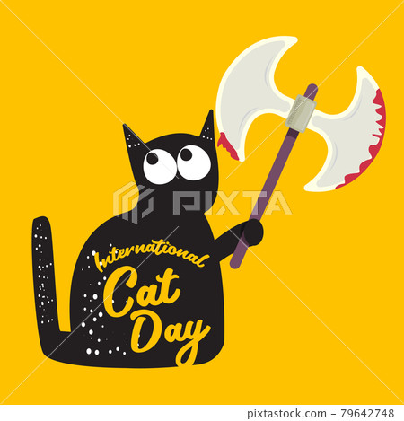 International cat day funky banner with black cat holding bloody knife isolated on orange background. World cat day funky concept illustration 79642748