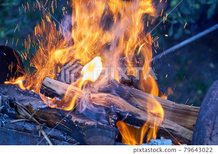 Close-up burning bright campfire outdoors in the dark. 79643022