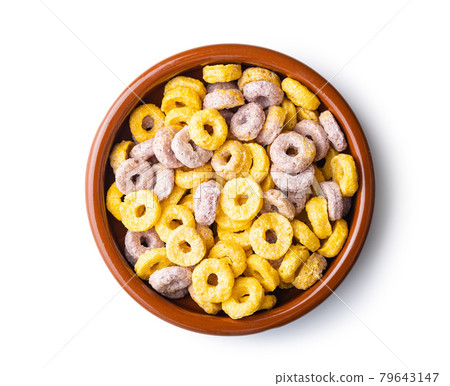 Colorful cereal rings in bowl. Colorful cereal rings in bowl. 79643147