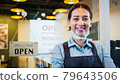 Portrait of Asian woman restaurant or coffee shop owner smile, hanging open sign post 79643506